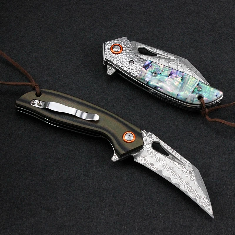 Folding Blade Knife Free shipping sharp Damascus steel imports blacksmithing camping tool shell and G10 handle outdoor EDC Tool