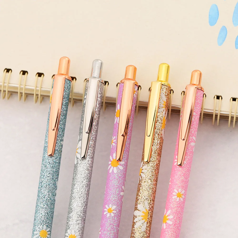 Lytwtw's mignon Daisy presse stylo à bille de luxe Kawaii métal papeterie fournitures de bureau scolaire 5 pièces