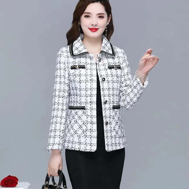 

2025 New Spring Autumn Coat Women Small Fragrance Jacket Middle-Aged Mothers Casual Outerwear Tops Short Lapel Plaid Suit Jacket