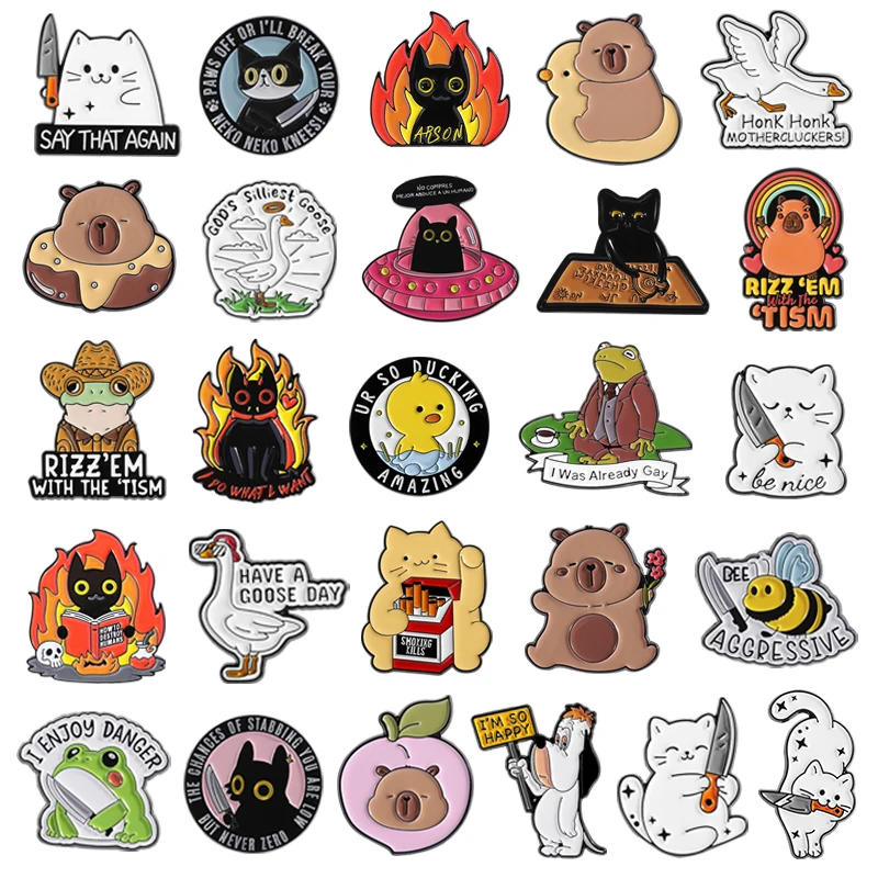 Cartoon Animal Collection Enamel Pins Cute Angry Cat Silly Goose Capybara Toad Metal Brooch Lapel Badge Jewelry Gift For Friends
