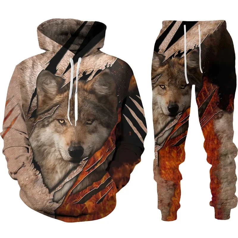 Conjunto de ropa deportiva con capucha para hombre, chándal de manga larga con estampado de lobo de guerra de animales en 3D, Primavera