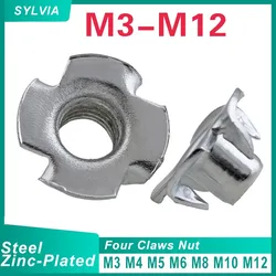 10/ 20/ 50PCS M3 M4 M5 M6 M8 M10 M12 Zinc Plated Four Claws Nut Speaker T-nut Blind Pronged Insert Tee Nut Furniture Hardware