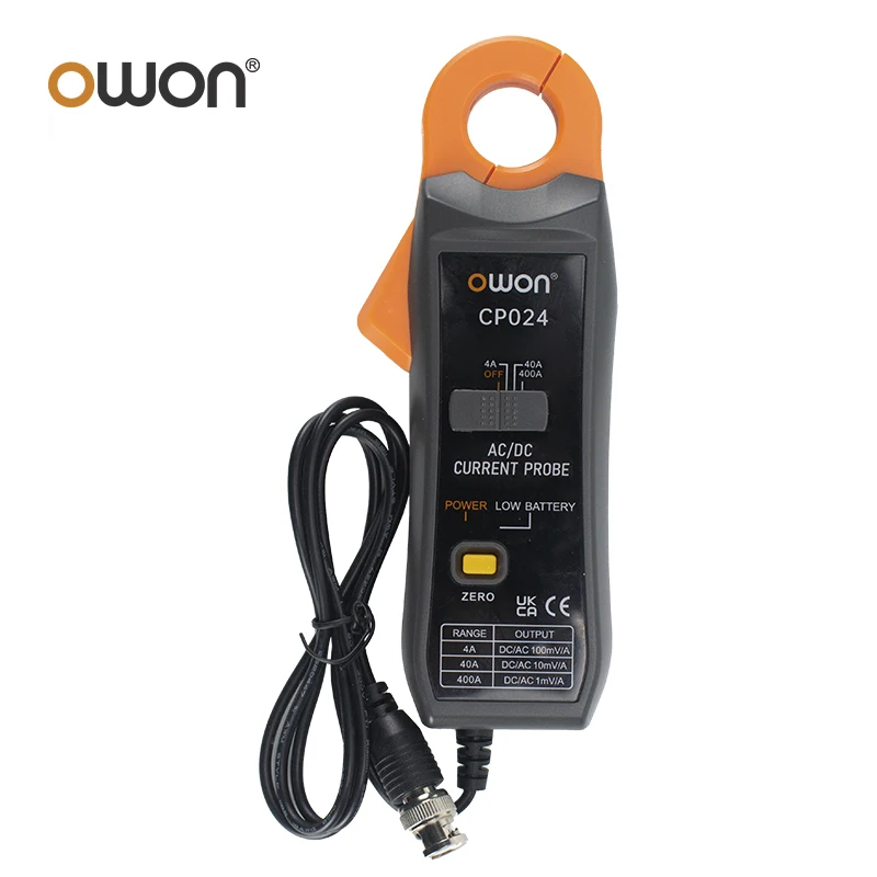 OWON CP024 DC AC Current Probe for Digital Storage Oscilloscope 4A to 400A Bandwidth 200kHz 23mm Jaw Three-Gear Current Clamp