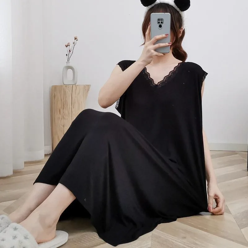 150kg Plus Size V-neck V-Back Long Nightgown Women's Korean Loose Pajama Dress Sleeveless Vest Sleepwear Lace Splicing Homewear