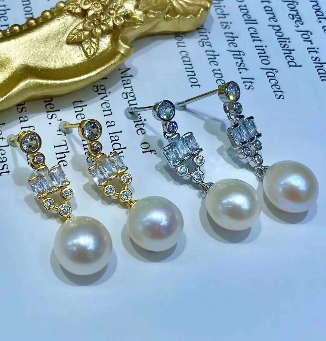 N Princess Earrings 9-10MM Natural High Quality Freshwater Rice Shaped Pearl Earrings Silver Pearl Jewelry