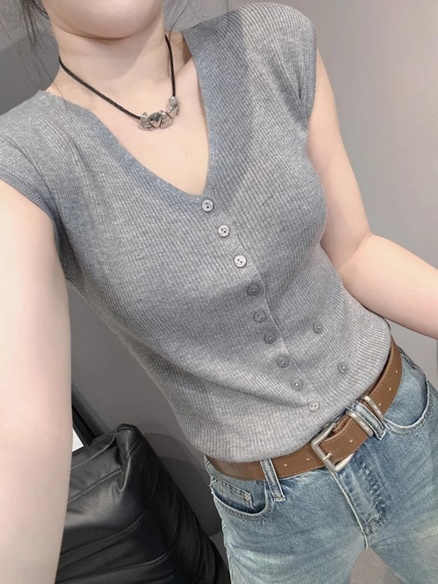 

Облегающий вязаный кардиган V-Ne ort Sve Pure Color, женский летний топ Faion Commute Sle, дизайн на одной пуговице, дышащий...