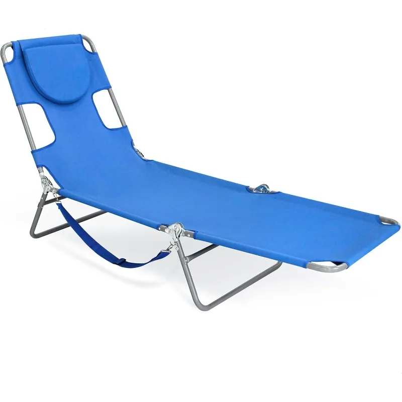 

Beach Lounge Chair, Folding & Reclining Outdoor Chaise Lounger, Blue - Portable Adjustable Recliner Chair for Lawn, Pool
