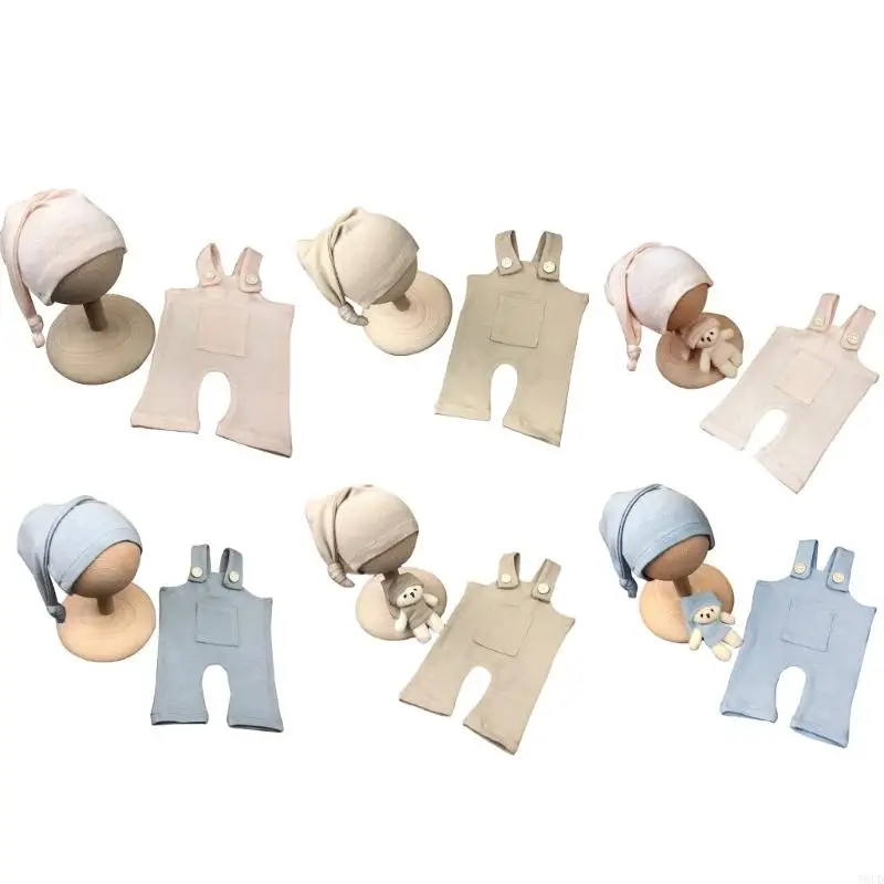 T8UD Newborn Baby Photography Prop Clothing Set Overalls with Long Tail Hat Bear for