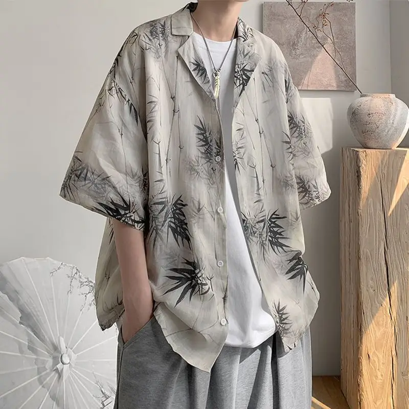 Vintage Gray Bamboo Y2K Print Shirt for Men Button Up Short Sleeve Blouse Japanese Handsome Harajuku Tops Loose Oversized Summer