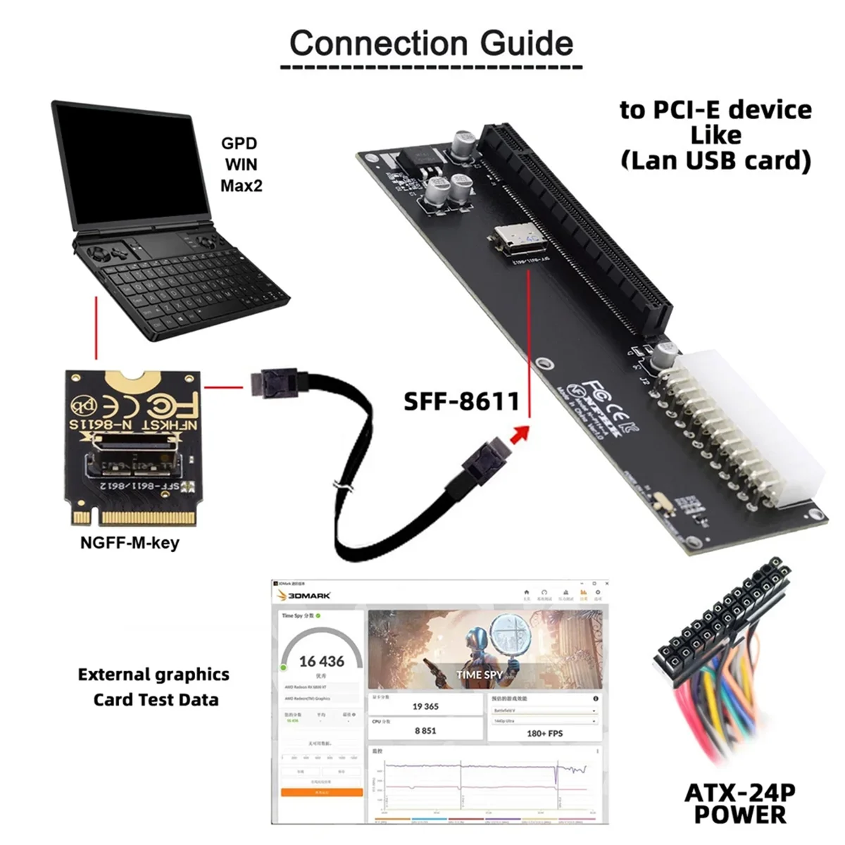 B44CFor Oculink SFF-8612 SFF-8611 Adapter Card PCI-E 16X 2230 M.2 M-Key Adapter for GPD WIN Max2 External Graphics Card