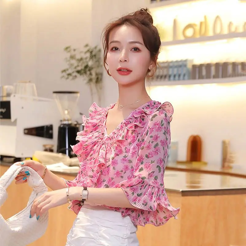 Women Summer Korean Fashion Slim Printing V-neck Short Sleeve Chiffon Shirts Ladies Office Lady All-match Appear Thin Trend Tops