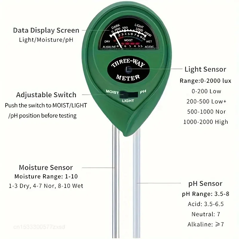 3 in 1 Soil PH Meter Sunlight PH Tester Garden Flowers Soil Moisture Sensor Meter Plants Acidity Humidity PH Monitor Detector