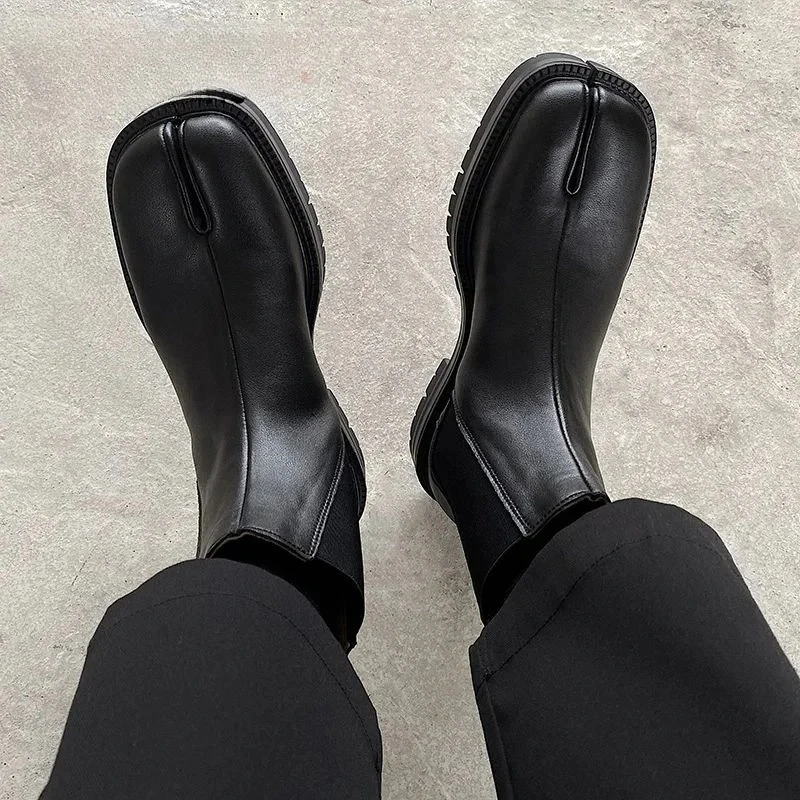 Men's Shoes Luxury Split Toe Couple Shoes Chelsea Boots Square Toe High Top Leather Boots Horseshoe Shoes Thick Heels Women Shoe