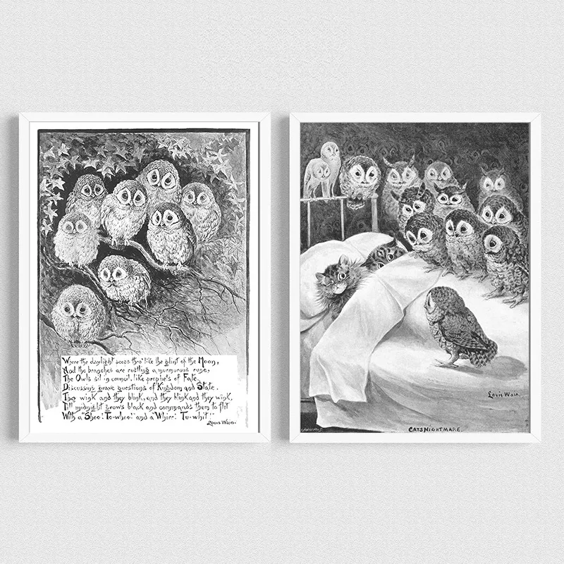 Cat's Nightmare Owls Stare Vintage Poster Louis Wain Antique Cat Owls Black and White Canvas Painting Wall Art Prints Home Decor