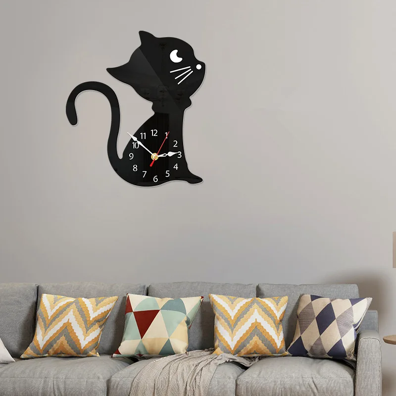 

Black Cat Acrylic Wall Clock - Cartoon Animal Theme Smooth Mirror Design Hanging Wall Watch for Home Decor