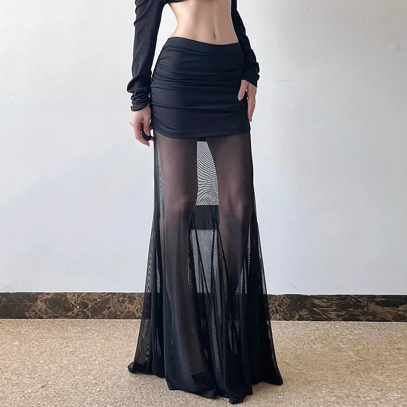 Schwarz Mesh Patchwork Rock Frauen Sexy Hot Girl Schlank Falten Hüfte Wrap Rock Sommer Neue Harajuku Alle Spiel Dünne Durchsichtig Rock