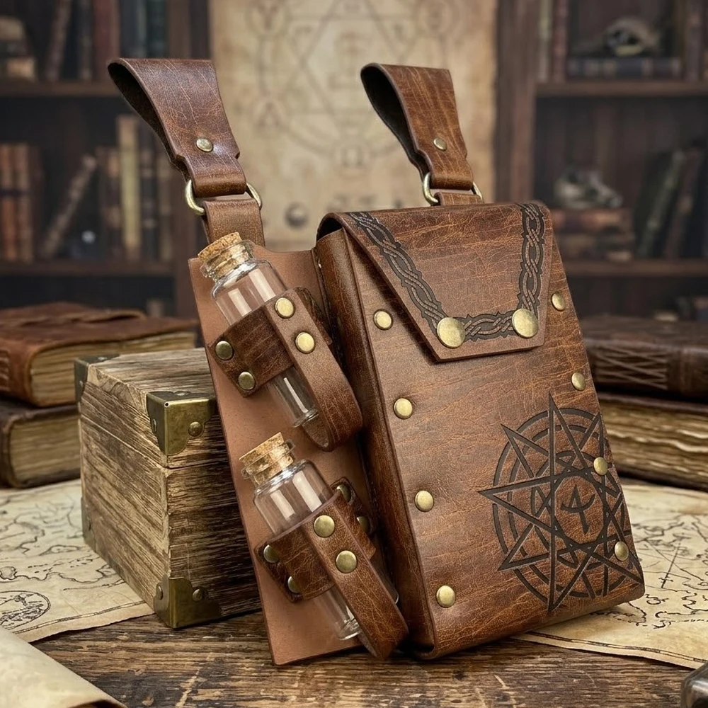 Medieval Vintage Costume Accessories Leather Waist Bag Fanny Pack with 2 Small Cork Potion Bottle for Cosplay LARP