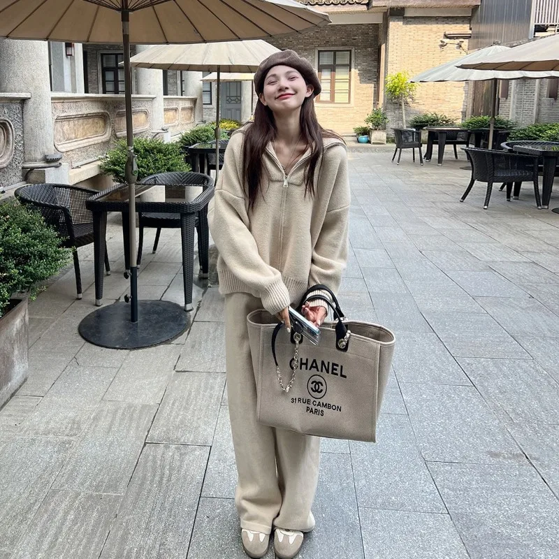 New Korean Fashion Casual Loose Women's Two Piece Set Knitted Zipper Long Sleeve Winter Warm Cardigan Coat + Wide Leg Pants Suit