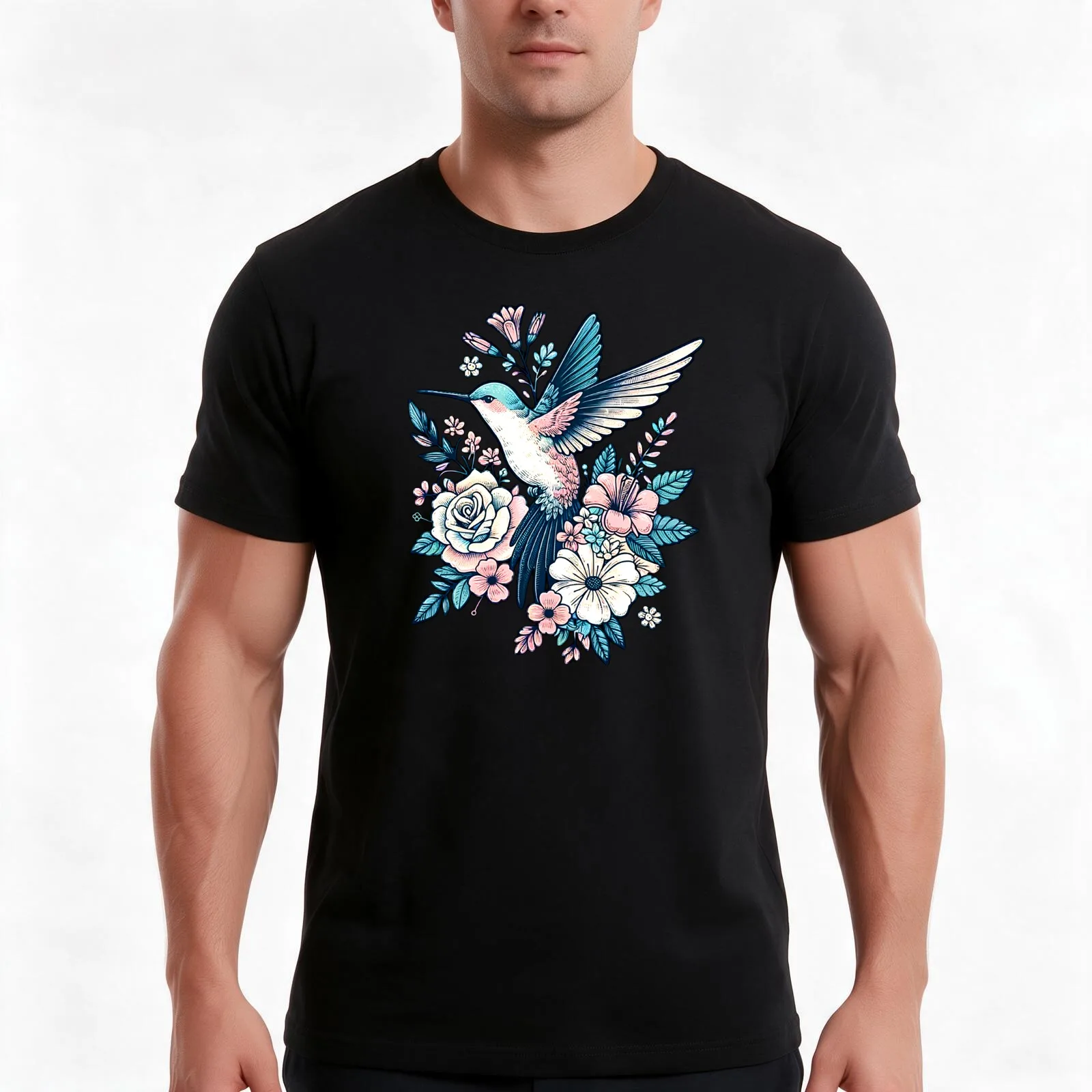 Beautiful Pastel Hummingbird with Floral Bouquet artwork. T-Shirt, Summer Casual Cotton Tee, Oversized Streetwear Tops