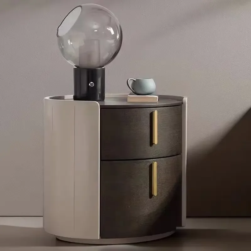 Modern Round 2-Drawer Nightstand with Solid Wood Frame, Eco-Friendly Bedside Table with Gold Handles, Bedroom Storage Cabinet