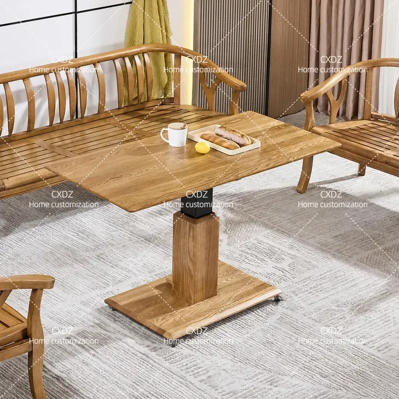 Solid Wood Dining Table and Chair Set Modern Simple Rectangular Log Color Household Dining Table Lifting Mobile Solid Wood