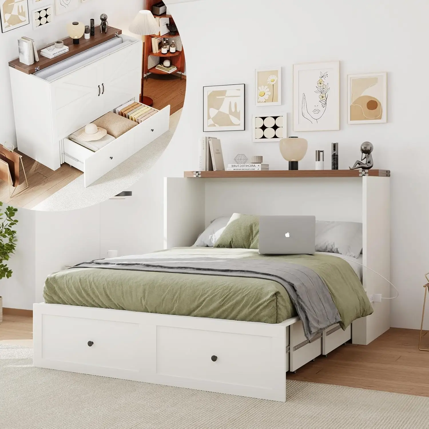 

Murphy Bed Cabinet with Charging Station, Full Size Murphy Bed with Large Storage Drawer for Bedroom, Living Room, Home Office