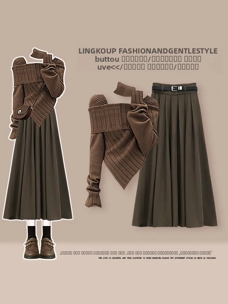 

plus Size Autumn Winter Mermaid Set Women's Vintage Luxury Anti-Aging Knitted Top High Waist Slimming Skirt Two Piece Set