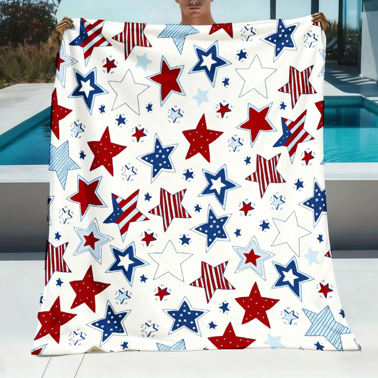 1pc Red‑White‑Blue Star‑Print Throw Blanket, All‑Season Warm Decor, Independence Day Holiday Gift