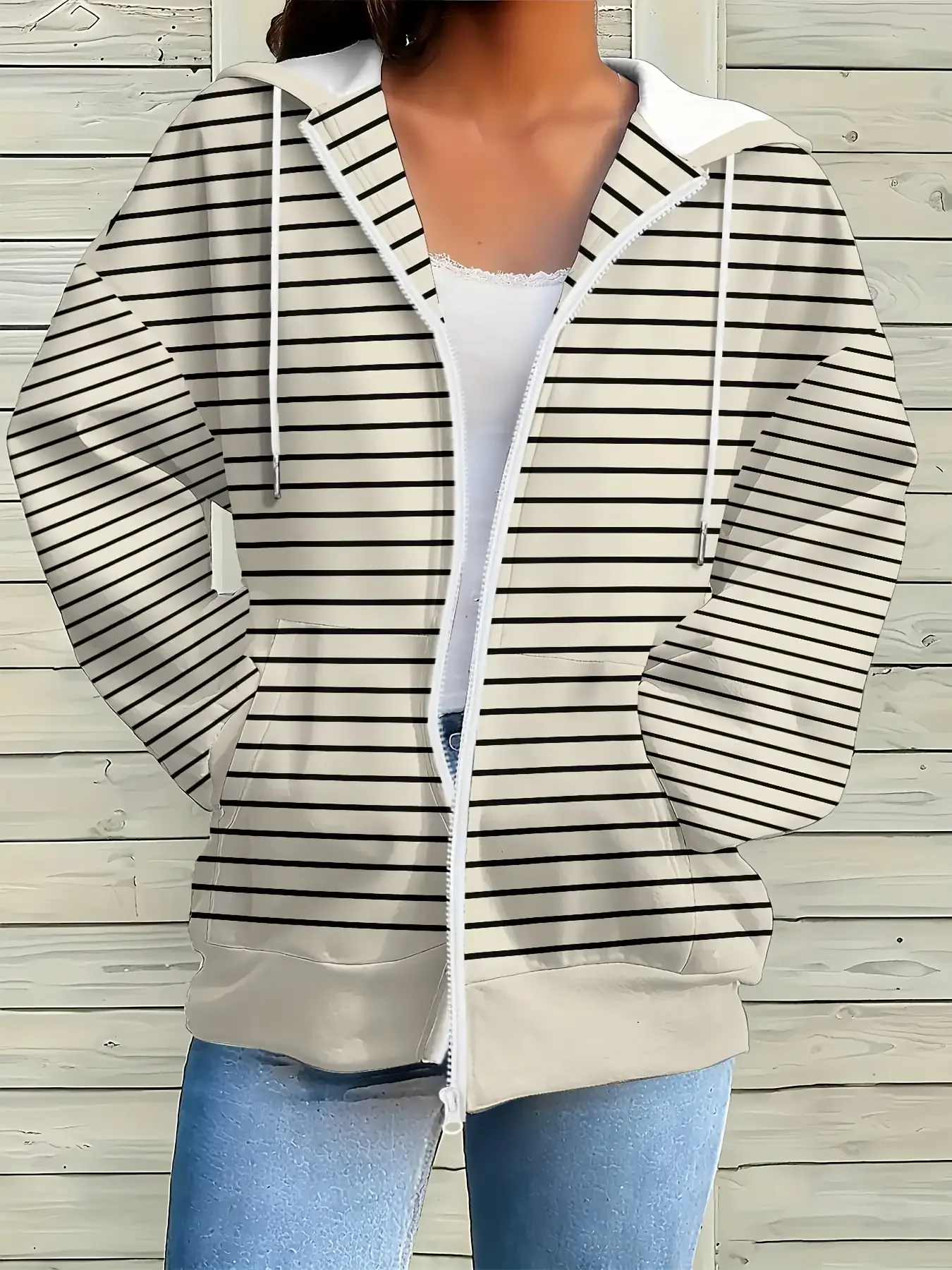 

Women's long sleeved loose and elegant style jacket with zippered pockets, lightweight open top jacket, fashionable