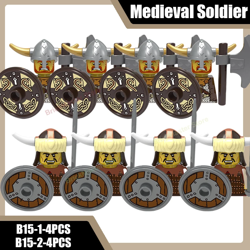 Mittelalterliche Militär-Wikinger-Krieger-Soldaten-Figuren Bausteine Burg Armee Rauber Infanterie Schild Axt Schwert Helm Ziegel Spielzeug