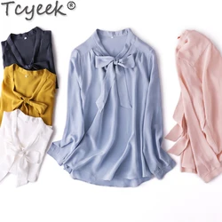 Tcyeek 100% Mulberry Silk Blouse Women Fashion Top Female Clothing 2024 Elegant Women's Blouses Solid Color Tops Bow Blusa Mujer