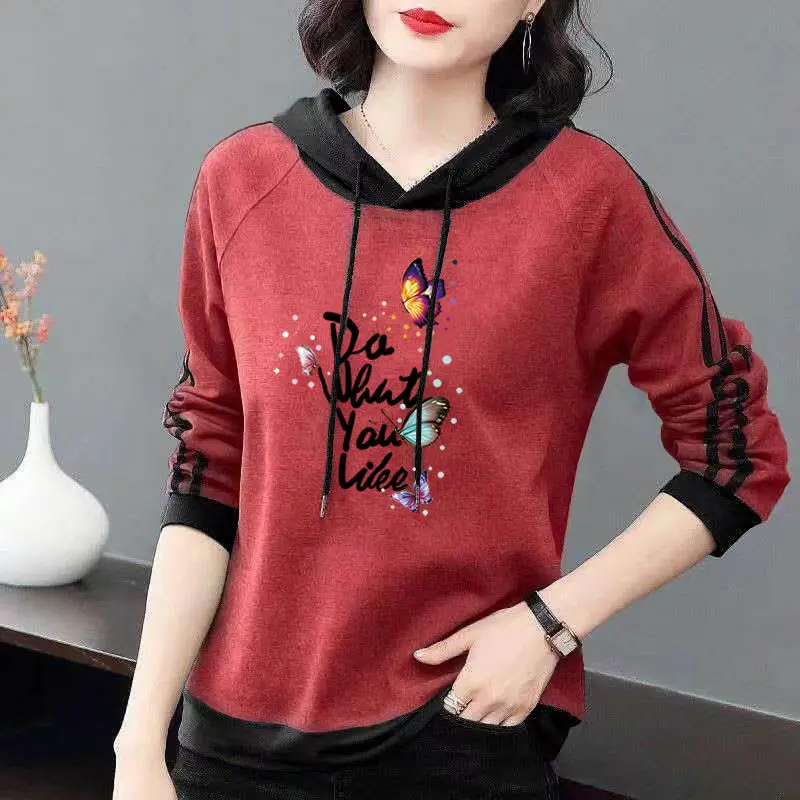 Women\'s Pullover Drawstring Patchwork Hoodies 2023 Spring and Autumn New Fashion Printed Long Sleeve Loose Casual Hooded Tops