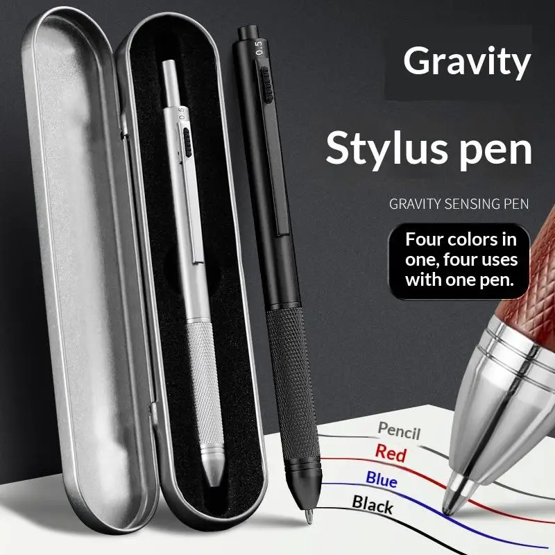 1pc Fashion Gravity Sensor Pen Metal Mechanical Pencil 4 in 1 Press Type 4Colors Ballpoint Pen Signature Pen