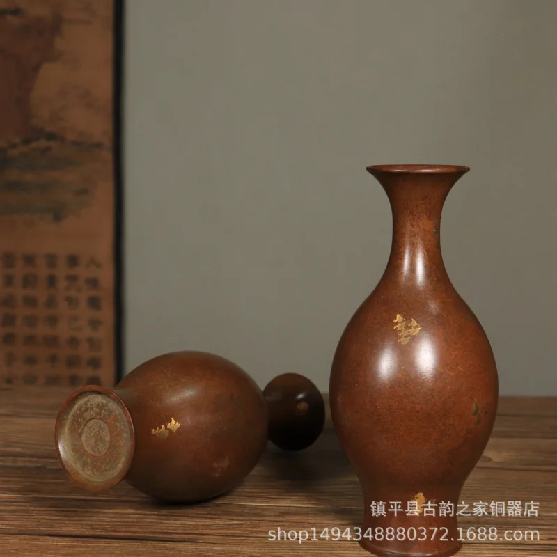 Pure Long Neck with Gold Sprinkles Copper Vase Ornament for Office Living Room Shop Study Desktop Decoration