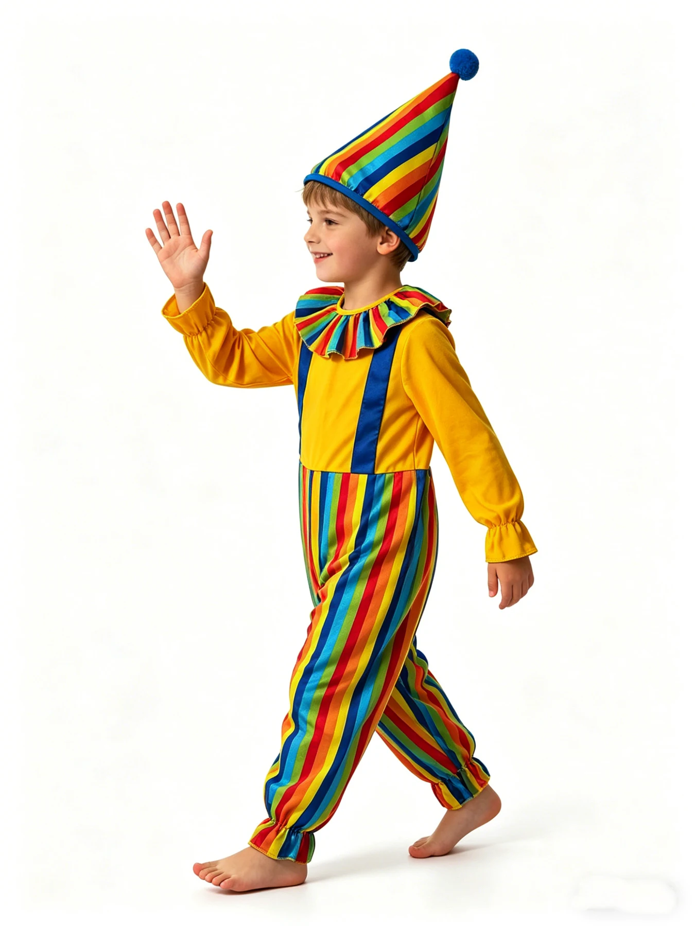 Kids Boys Funny Clowns Costumes Carnivals Shopping Malls Campus Birthdays Party Stage Performances Striped Jumpsuit
