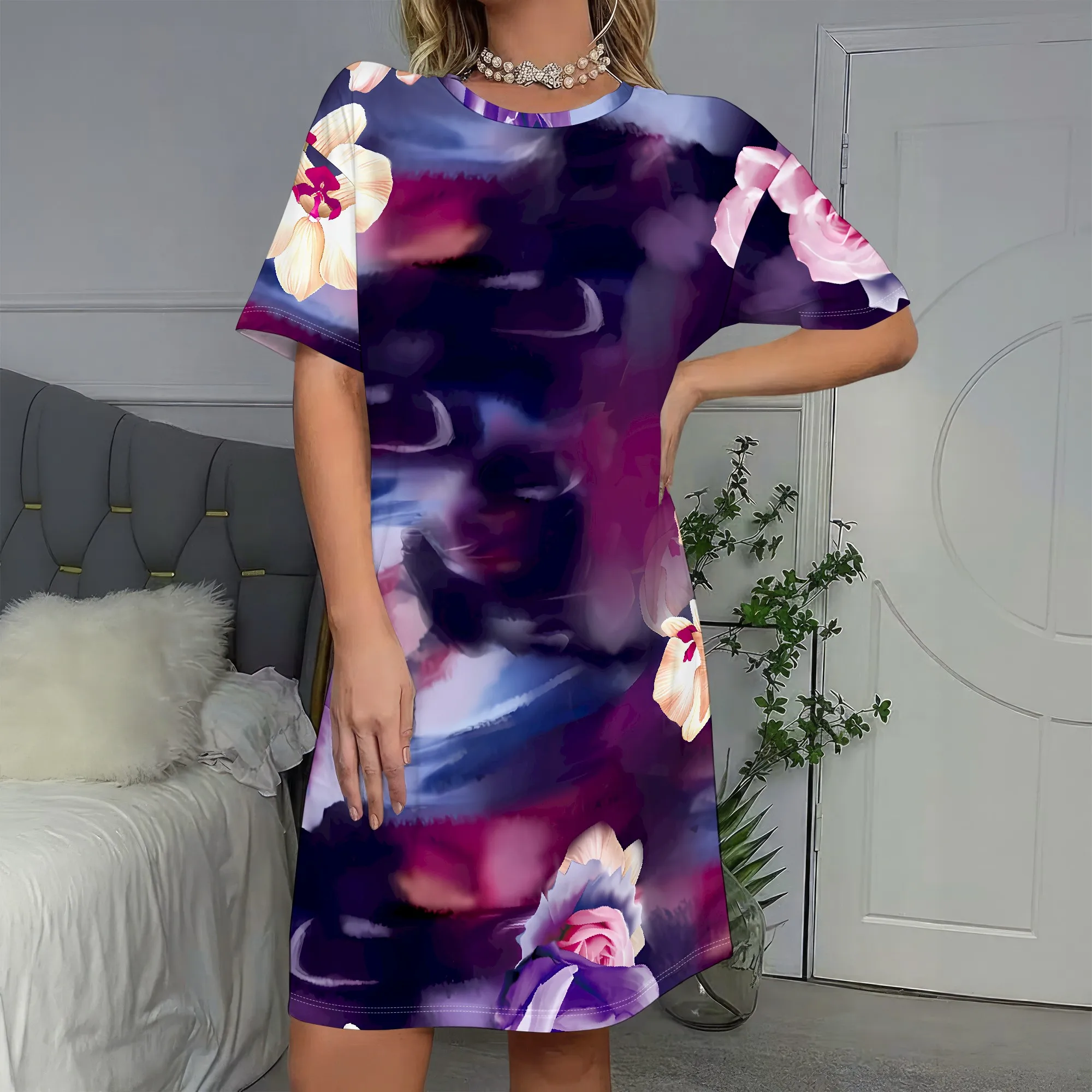 

Abstract Floral Print, Short Sleeve Dress, Loose Fit Shift, Boho Beach Cover Up, Casual Party Wear, S-2XL