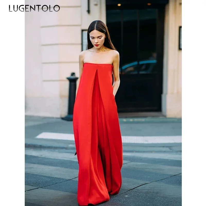 Sexy Jumpsuit Women Breast Wrap Red Summer Thin High Waist Pocket Lady Loose Elegant Wide Leg Pants Long Jumpsuits