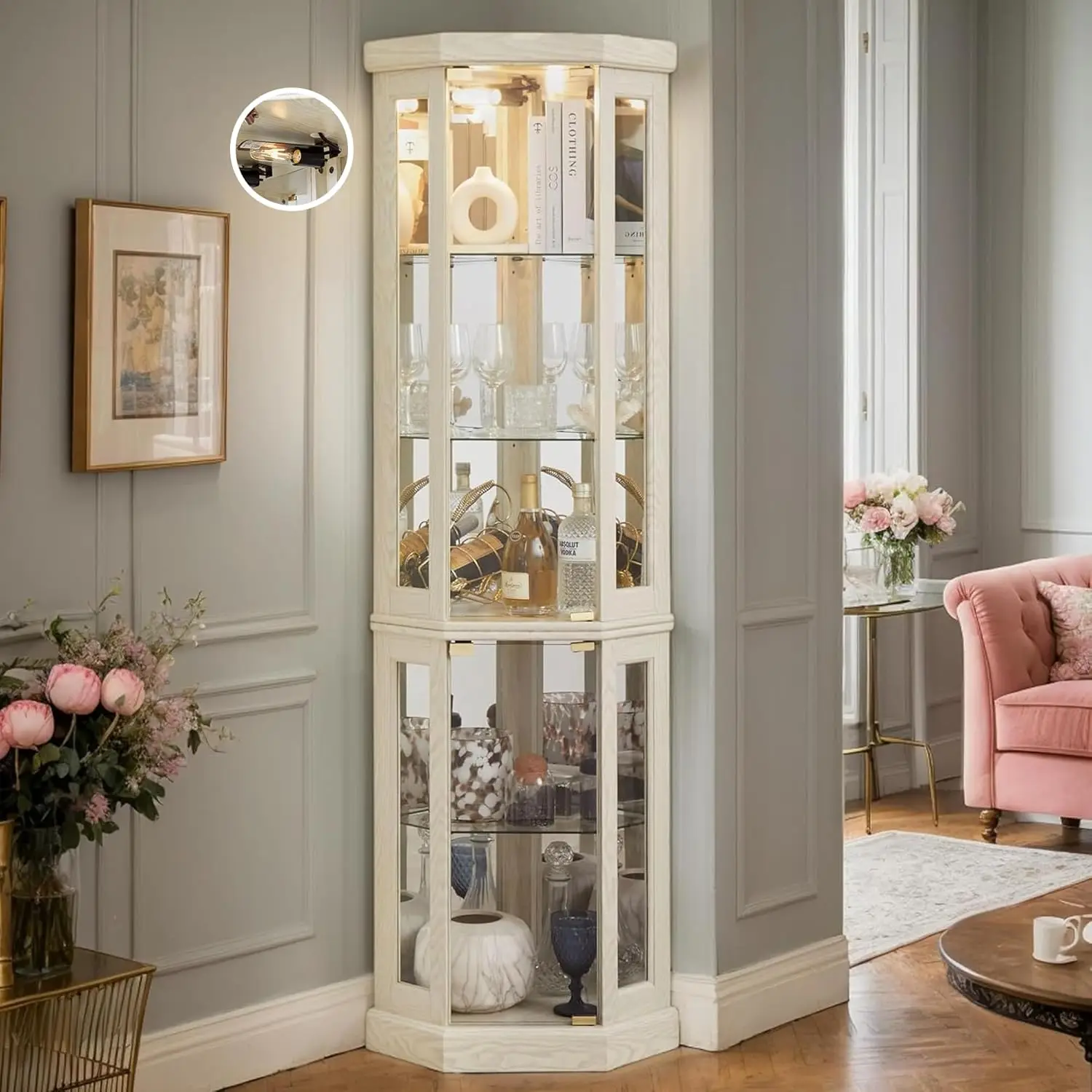 Corner Curio Cabinet, 70" H Lighted Glass Display Cage with Tempered Glass Doors and Adjustable Shelves, Bulb Inclued, Wine B