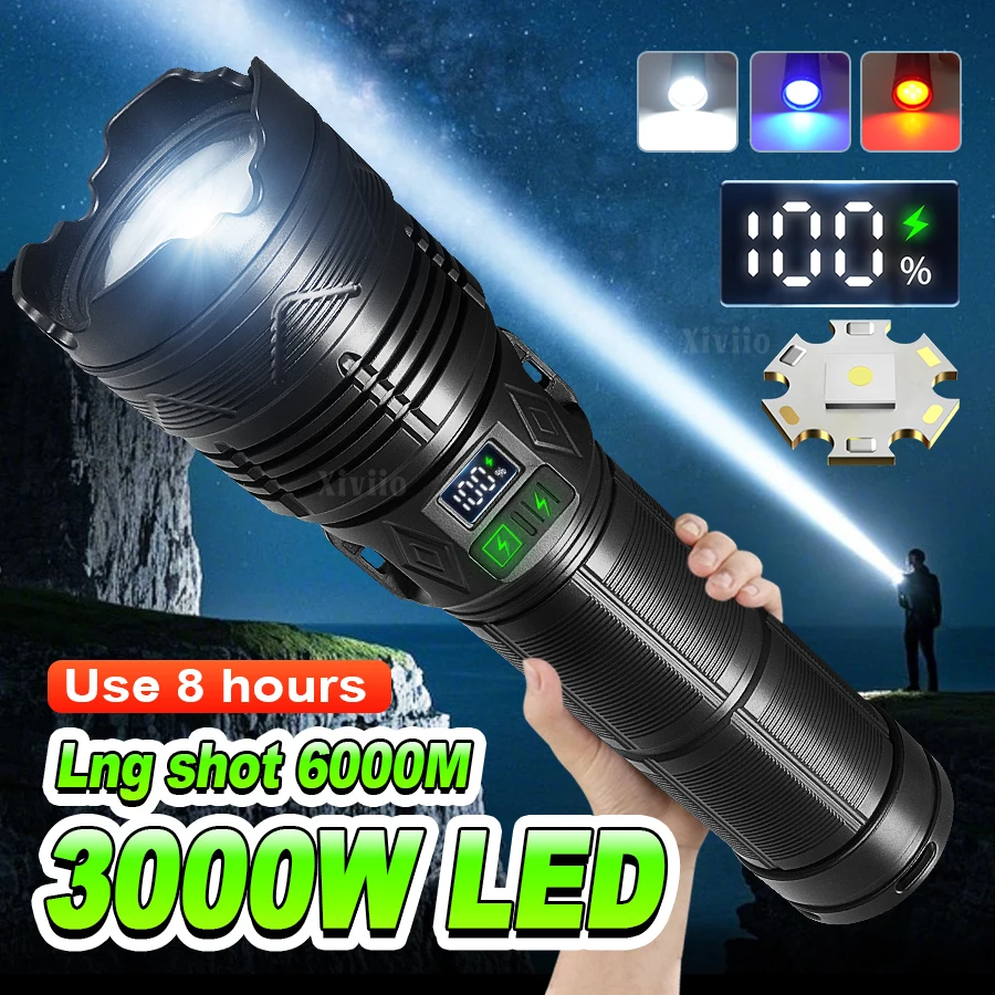 

3000 Вт. Самый мощный светодиодный фонарик Перезаряжаемая факел на длинные дистанции 6000 м тактическая лампа