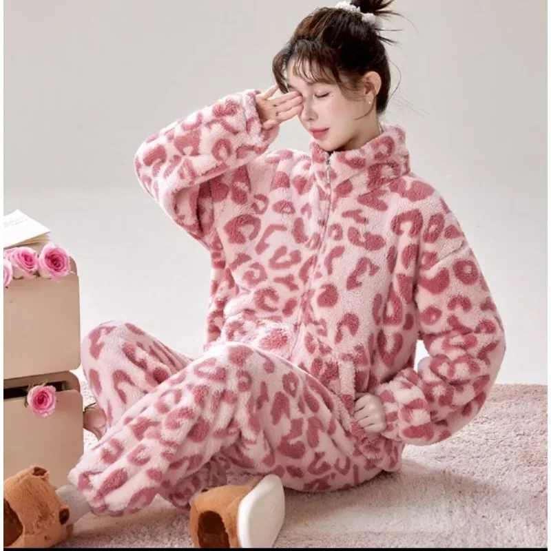 Autumn Winter Pajamas Women Fashion Homewear Sets Famale Personality Tide Nightgown Two-piece Pad Home Sleep Clothes Plush Suit