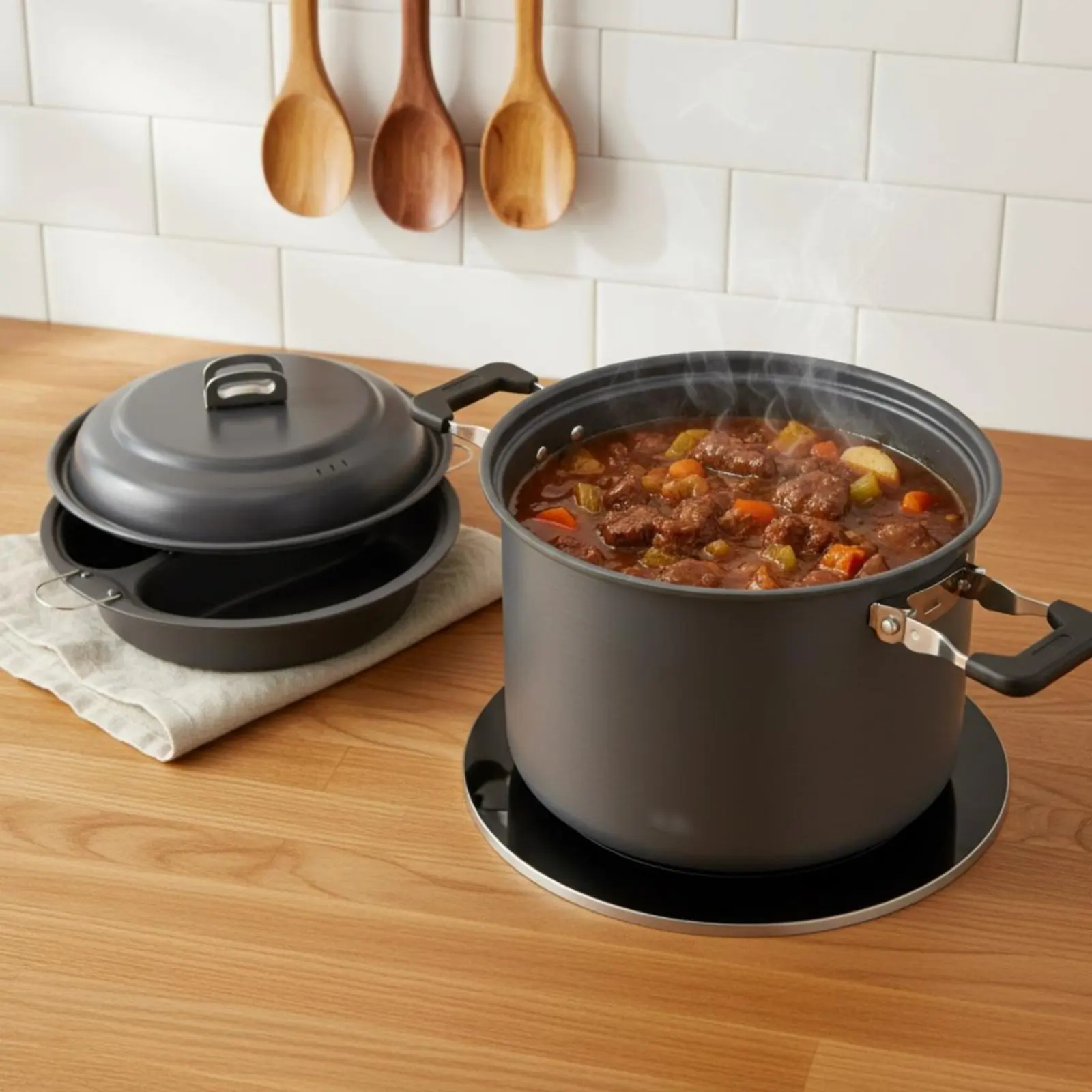 

Camping Pot Steamer Set Hard Anodized Aluminum Camping Steamer Pot Portable Cookware Set Lightweight Divided Outdoor Stockpot