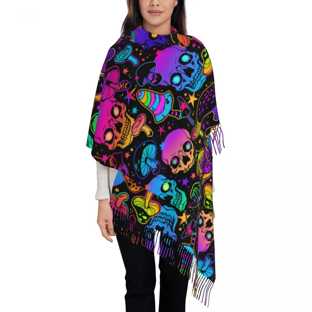 Custom Printed Glowing Psychedelic Mushrooms And Skulls Scarf Men Women Winter Fall Warm Scarves Shawl Wrap