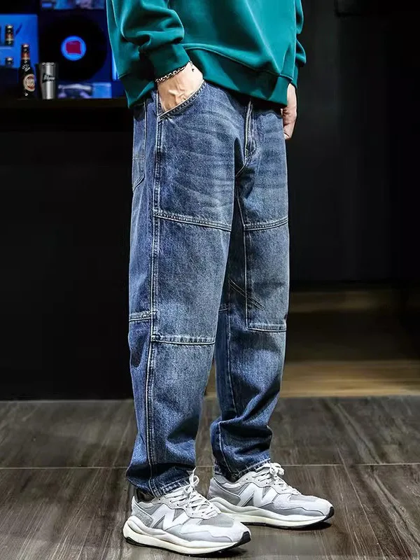 

Джинсы большого размера с пэчворком для мужчин, свободные повседневные брюки прямого кроя, зауженные к низу, модные брендовые длинные брюки