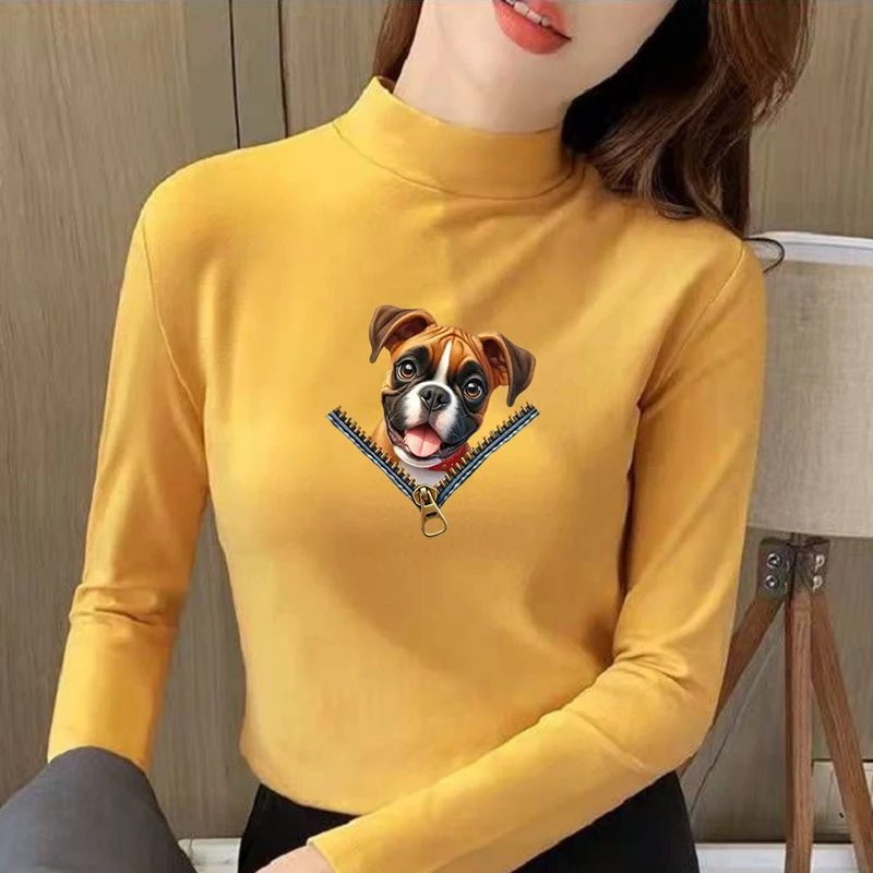 2026 New Autumn Winter Thermal Brushed Fleece Long Sleeve Graphic Print T shirt Blouses Female Warm Shirt Women Top