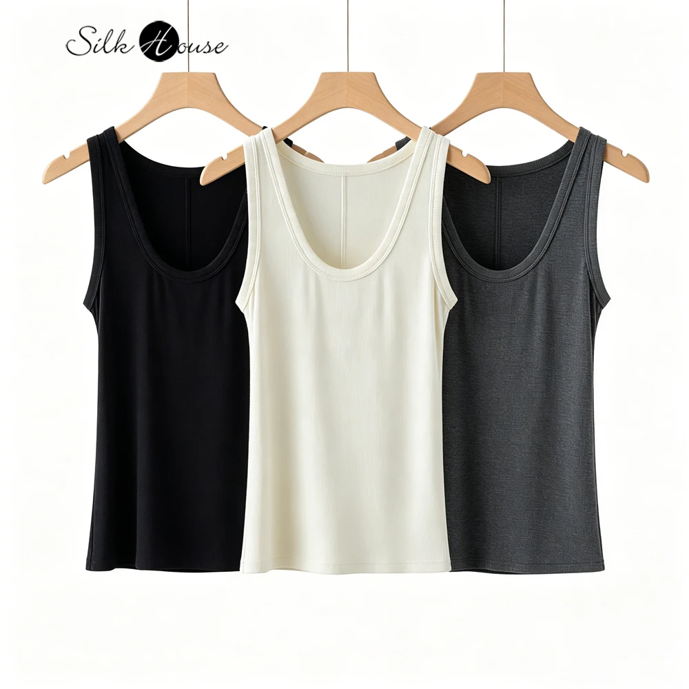 Women's Casual Summer Clothing Natural Mulberry Silk Pit Stripe Thread Large U-neck High Elasticity Vertical Stripe Vest