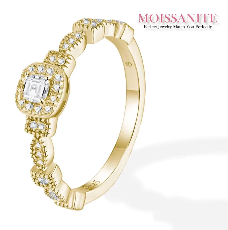 

Кольцо с муассанитом огранки Asscher 0,3 карата, стерлинговое серебро 925 пробы, позолоченное 18 карат, винтажное кольцо с ореолом для женщин с сертификатом GRA