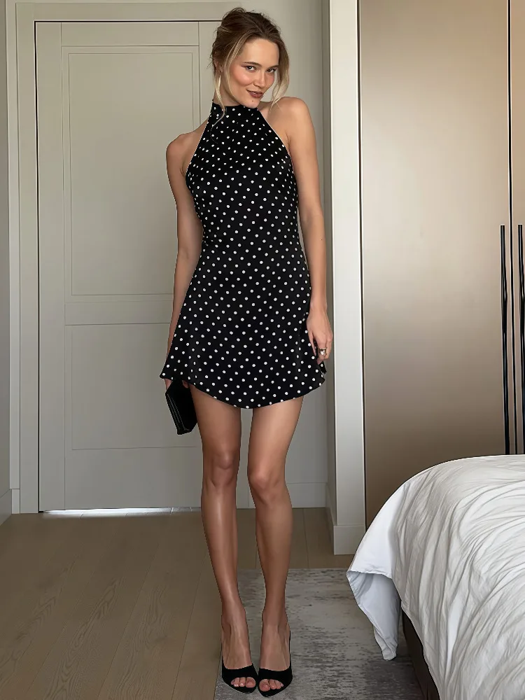 Absobe 여성용 a 라인 폴카 도트 새틴 미니 드레스 홀터 타이 Strapless Backless 섹시 슬림 짧은 드레스 우아한 파티 streetwear