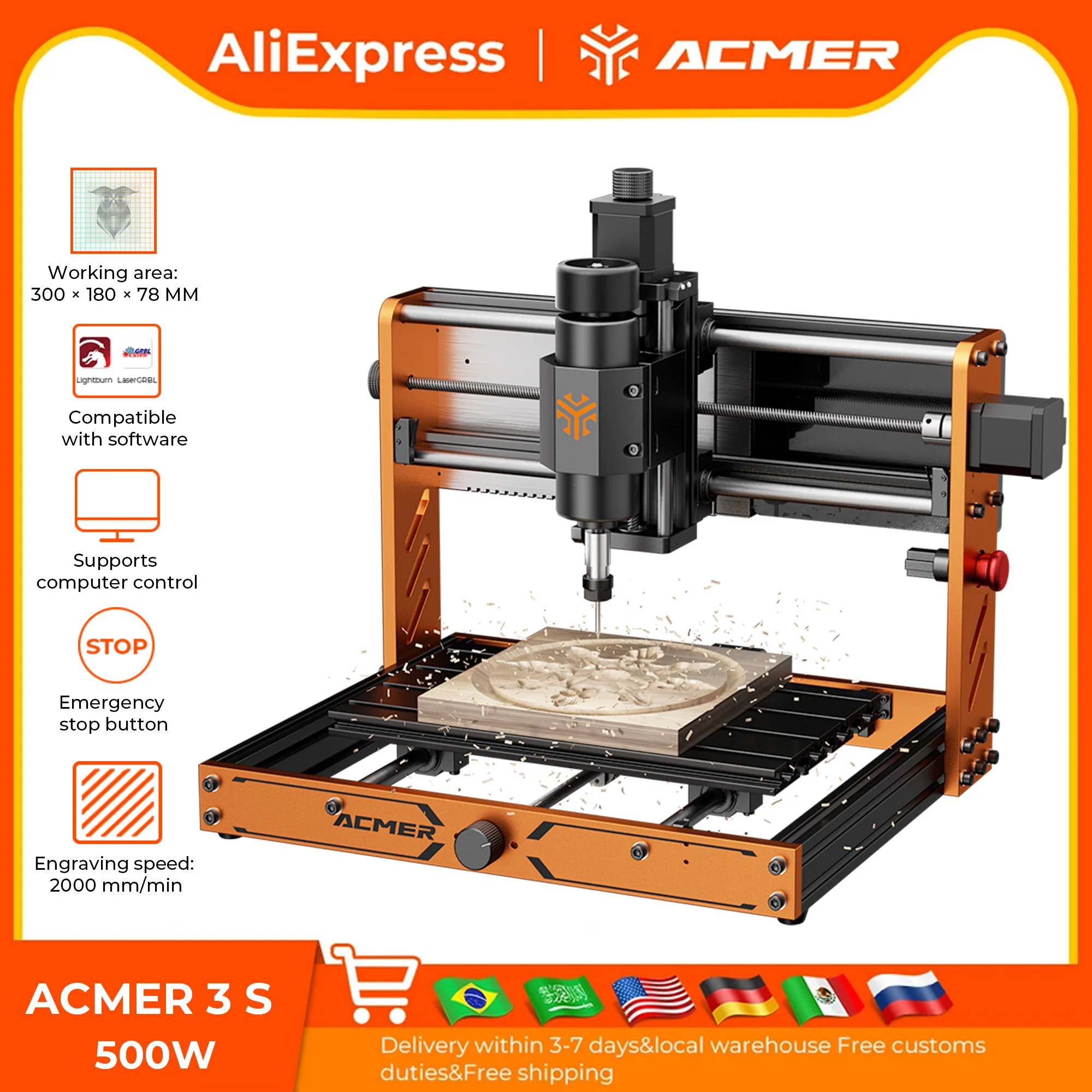 ACMER 3 S 500W DIY 2000mm/min CNC Router Machine High Accuracy & Stability Full Metal Body For Wood PCB Leather Stone Metal