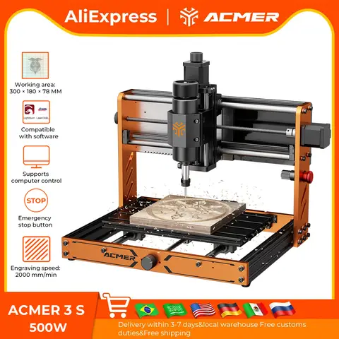 CNC PCB ACMER Router ACMER 3 S 500W DIY 2000mm/min CNC Router Machine High Accuracy & Stability Full Metal Body For Wood PCB Leather Stone Metal