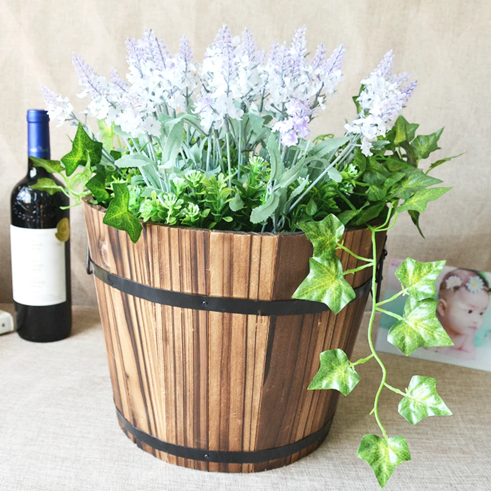 Plant Pot Faux Whiskey Barrel Shape Home Decor Plastic Indoor Outdoor Yard Patio Flowerpot Succulent Planter for Garden